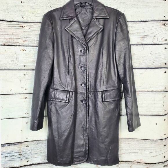 Jacqueline Ferrar Black Genuine Leather Coat Women’s Small Long Jacket - Picture 2 of 9